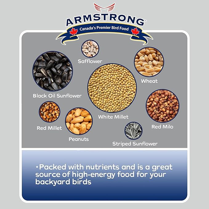 Armstrong Wild Bird Food Premium Blend, 14.3 Pounds - with White Millet, Black Oil Sunflower, Wheat, Peanuts, Striped Sunflower and Safflower for Northern Cardinals and Black-Capped Chickadees