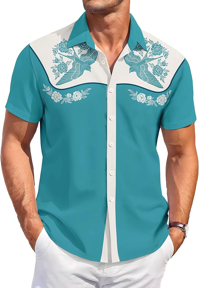 Men’s Hawaiian Shirt Western Cowboy Symmetrical Print Short Sleeve Button Down Casual Beach Holiday Summer Shirt