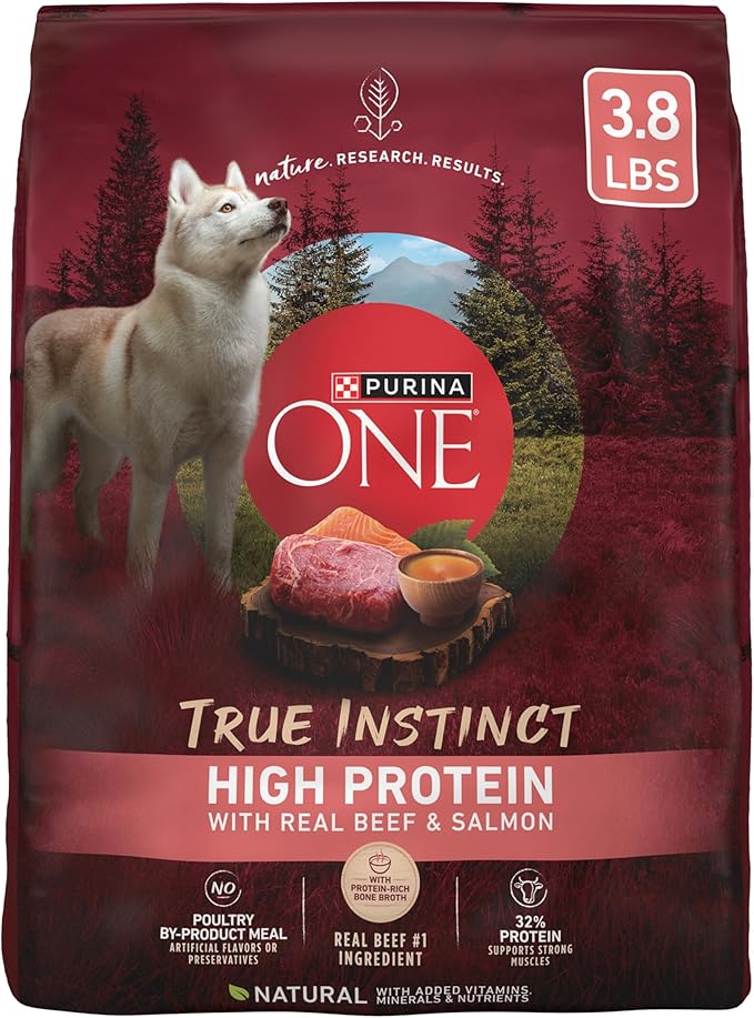 Purina ONE Natural High Protein Dry Dog Food Dry True Instinct with Real Beef and Salmon With Bone Broth and Added Vitamins, Minerals and Nutrients - (Pack of 4) 3.8 lb. Bags