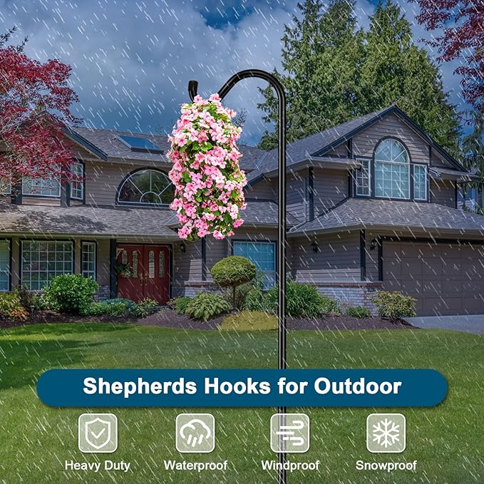 Gtongoko Shepherds Hook for Outdoor, 76 Inch Bird Feeder Pole with 7 Prongs Base, 3/4 Inch Thick Heavy Duty Adjustable Garden Hook for Hanging Plant, Hummingbird Feeder, Lantern, 2 Pack