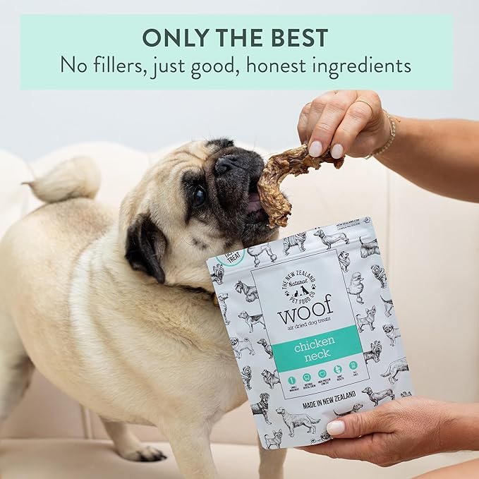 The New Zealand Natural Pet Food Co. - Air Dried WOOF Chicken Neck Treat - Mixer, or Topper - Air Dried, High Protein,Natural, Single Ingredient - 1.76oz