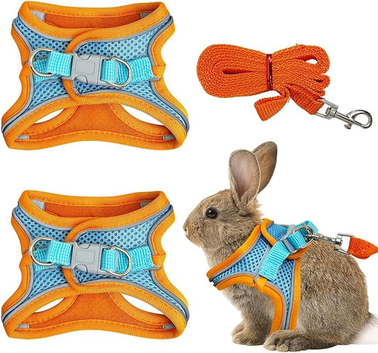 PINVNBY 2 Pack Bunny Hsrness and Leash Set Adjustable Rabbit Harness with Reflective Strips Double Buckle Pet Vest Eescape Proof for Small Rabbit Kitten Puppy Walks Accessories (Orange Blue, S)