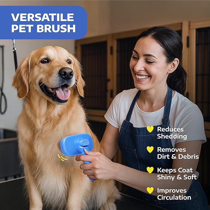 Hertzko Self Cleaning Slicker Brush for Cats & Dogs – Grooming Tool for Shedding Long & Short Hair – Retractable Bristles Pet Brush – Easy-Clean Cat & Dog Deshedding – Painless Detangling - Blue