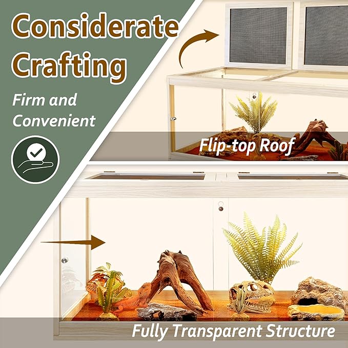 PROLEE Bearded Dragon Tank,81 Gallon Tempered Glass Reptile Tank with Mesh Roof and Front Sliding Door, Anti-Scratch Lizard Tank,Spacious Reptile Enclosure for Snakes,Lguanas, Chameleons(Oak)