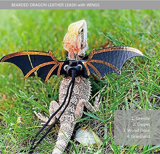 Bearded Dragon Leash and Harness Set, Beardie Carrier, Lizard Adjustable Harness with Leather Wings and Sling Bag, Reptile Small Pet Backpack Batwing Accessories (Grey)