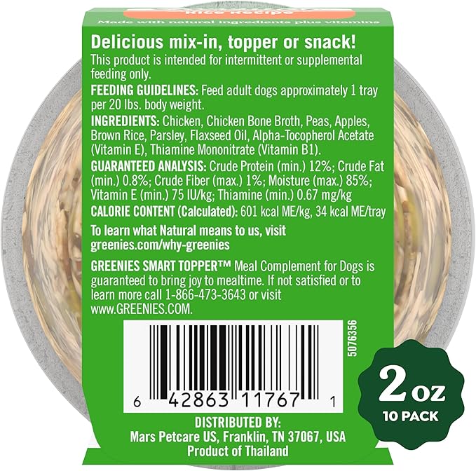 Greenies Smart Topper High Protein Wet Mix-in for Dogs, Chicken, Peas, Apples & Brown Rice Recipe in Vitabroth Broth - Bone Broth + Vitamins E & B1, 10 Count