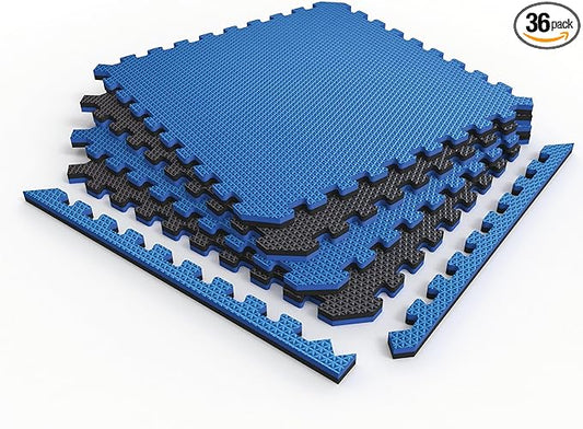 Norsk Reversible Gym Exercise Mats 3/4" Thick EVA Interlocking Foam Tiles, Perfect Gym Flooring for Home Gym,12 Tiles & 24 Trim Pieces, 48 Sq. Ft. Reversible, Dazzling Blue/Black