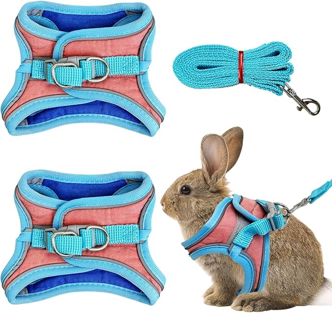 PINVNBY 2 Pack Bunny Hsrness and Leash Set Adjustable Rabbit Harness with Reflective Strips Double Buckle Pet Vest Eescape Proof for Small Rabbit Kitten Puppy Walks Accessories (Blue Pink, M)