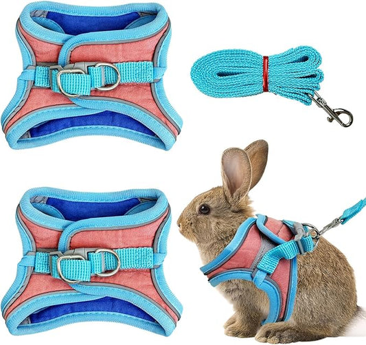 PINVNBY 2 Pack Bunny Hsrness and Leash Set Adjustable Rabbit Harness with Reflective Strips Double Buckle Pet Vest Eescape Proof for Small Rabbit Kitten Puppy Walks Accessories (Blue Pink, M)