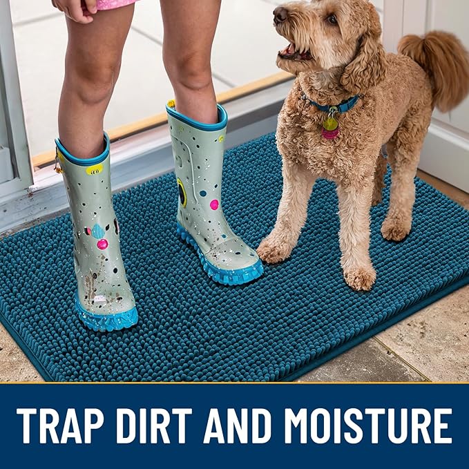 Smiry Dog Door Mat for Muddy Paws 30x20, Absorbs Moisture and Dirt Doormat, Non-Slip Washable Quick Dry Chenille Front Door Mat Indoor Entrance, Entryway Carpet for Inside Floor, Atlantic Blue