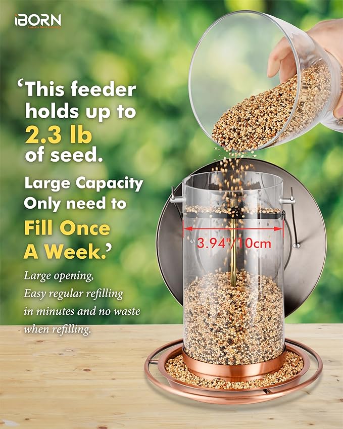 iBorn Bird Feeders for Outdoors Hanging,Metal Bird Feeders for Cardinal Chew Proof 18cm Large Roof&Tray Birdfeeders Outside Hanging,Brushed Copper 6 Port (Seed is not Included)