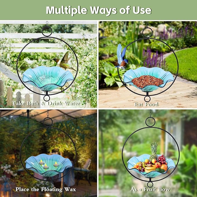 MUMTOP Hanging Bird Bath-Bird Baths for Outdoors - Flower Glass Bird Water Bowl with Hanging Circle, Bird Feeders for Outside, Garden, Lawn Yard Decor（Cyan）