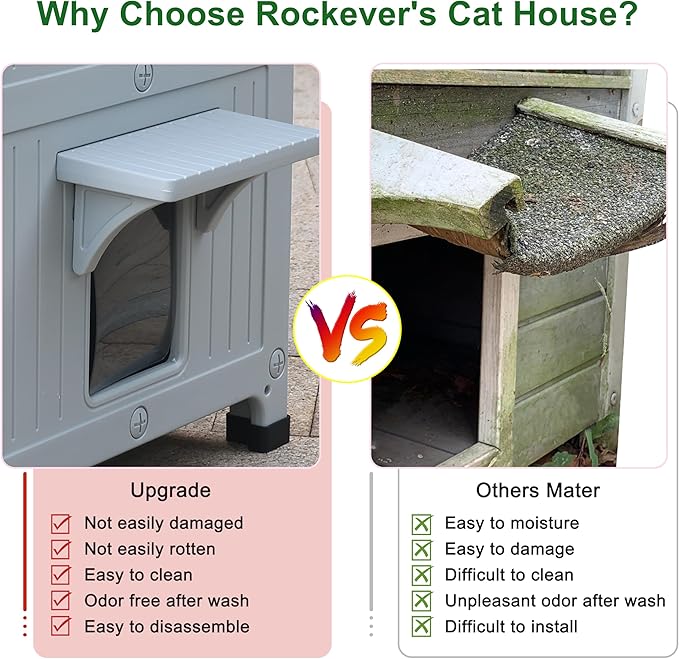 Rockever Plastic Insulated Outdoor Cat House with Escape Door, 2 Story Waterproof Cat House for Outdoor Cats for Feral Cats, Elevated Outside Cat Shelter, Clean and Assemble Easily