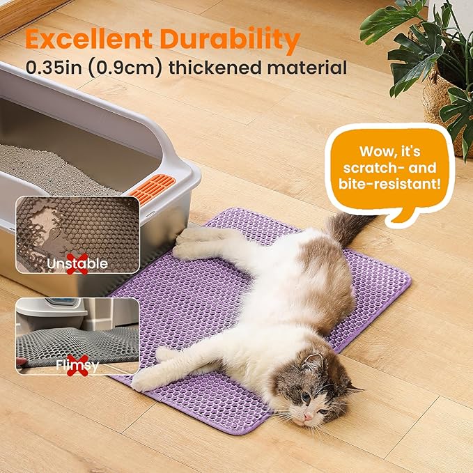 Cat Litter Mat, 24x18 Inches Large Double Layer Honeycomb Cat Litter Trapping Mat, Non Slip Waterproof Urine Proof Cat Litter Box Mat for Floor, Kitty Litter Rug, Cat Supplies, Purple