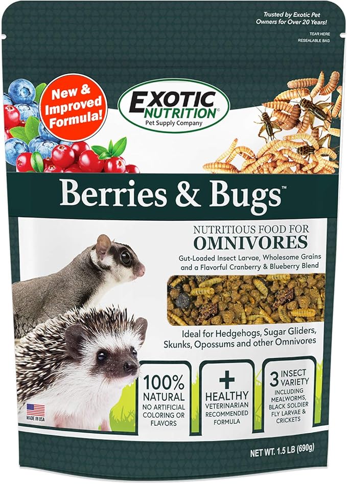 Berries & Bugs 3 lb. - All Natural High Protein High Fiber Insectivore Diet with Fruit, Gut-Loaded Insects, & Healthy Vitamins - Hedgehogs, Sugar Gliders, Skunks, Opossums & Other Insectivores