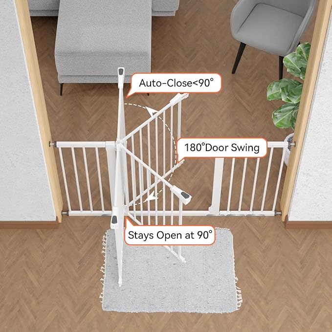 BABELIO 29-55 Inch Extra Wide Baby/Dog Gate, Metal Auto Close, Pressure Mounted Pet Door for Doorways, NO Need Tools and Drilling, with Wall Cups, White