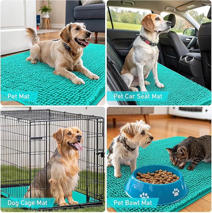 OLANLY Dog Door Mat for Muddy Paws 59x24, Absorbs Moisture and Dirt, Absorbent Non-Slip Washable Doormat, Quick Dry Chenille Mud Mat for Dogs, Entry Indoor Entryway Carpet for Inside Floor, Teal