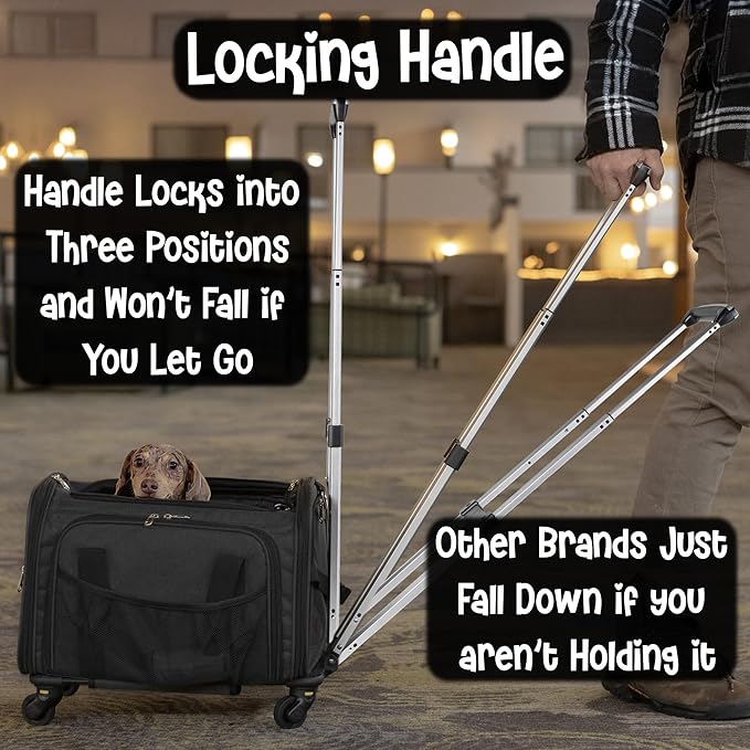 Pet Carrier with Wheels | Delta American Frontier Airline Approved | Two Expandable Sides, Storage Pockets Adjustable Leash | Rolling Dog and Cat Carrier TSA Compliant (Black 17x11x11)