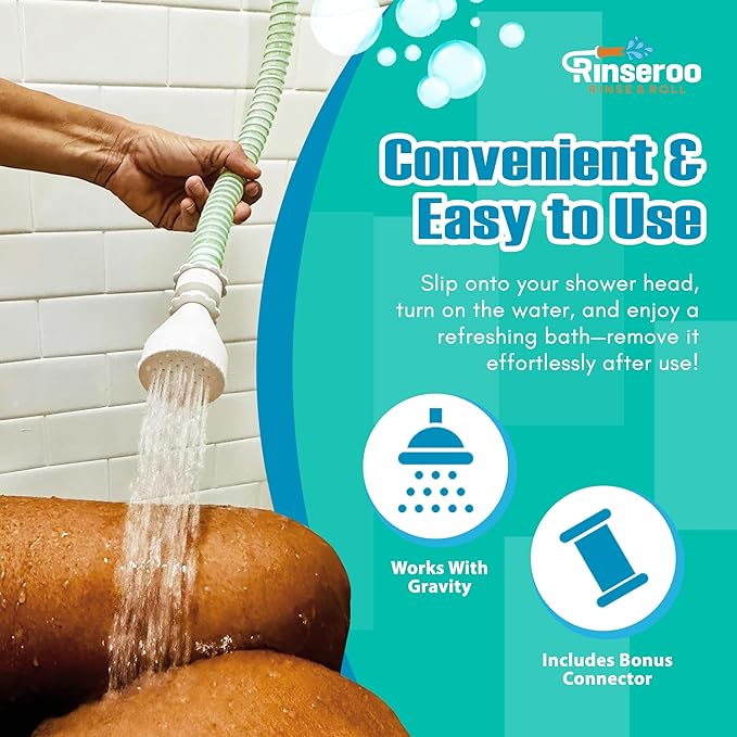 NEW Rinseroo: 5ft Slip-On Handheld Shower Attachment Hose w/Spray Head- Removable Extension Arm- Converts Fixed Shower Head into Handheld Bather. Portable, No-Install Shower Hose Wand for Seniors, RV.