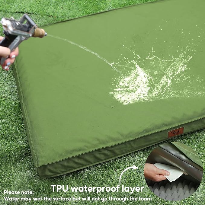 Outdoor Large Dog Bed, Waterproof Dog Bed for Large Dogs, Egg Crate Foam Pet Bed with Removable Washable Oxford Cooling Cover, Light Green