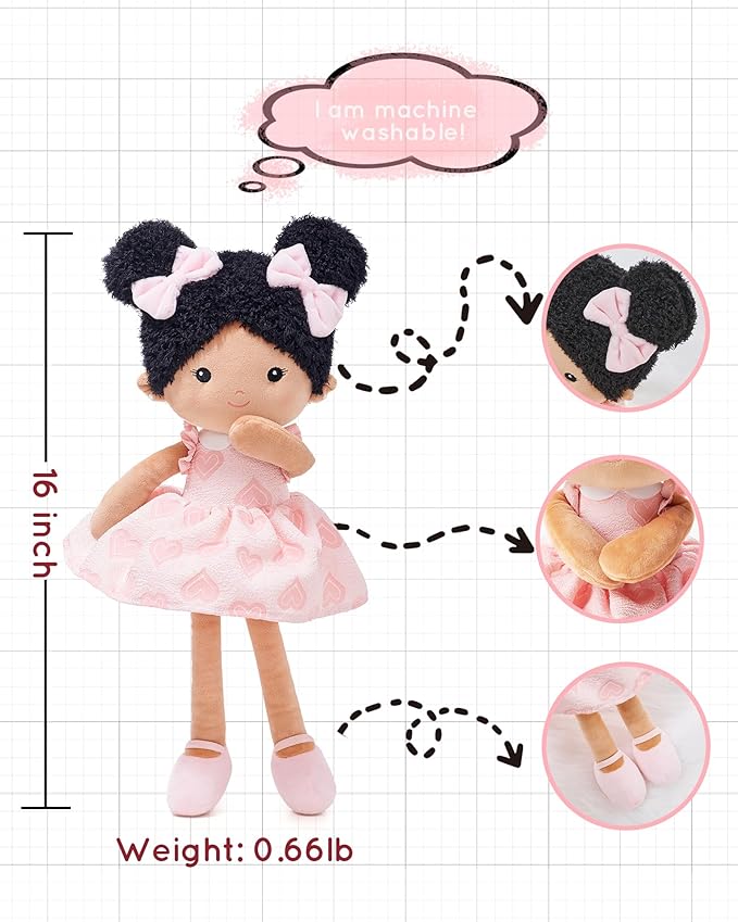 Soft Baby Doll Toys (16''), My First Baby Rag Doll for 1 Year-Old Girl Birthday Gift, Christmas Plush Toys Gift for Toddler Kids Infants-Sweetheart(Double Buns Tanned)