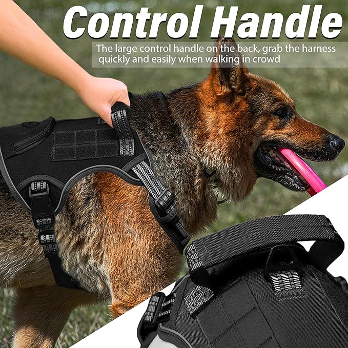 Heavy Duty Tactical Dog Harness for Large Dogs, Adjustable Reflective Service Vest with Control Handle & 4 Patches, No Pull Soft Padded Military Pet Harness for Training Walking Hiking (Pink, XL)
