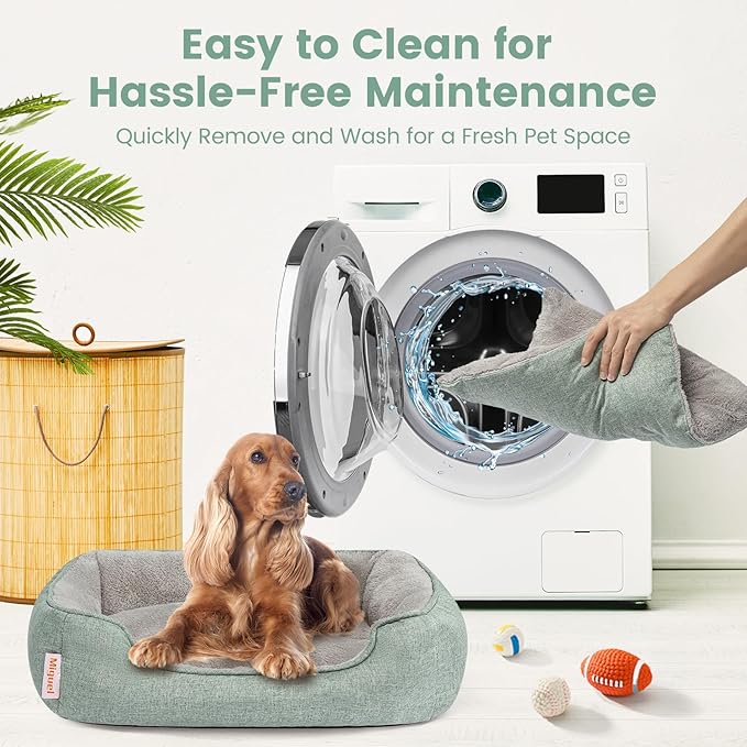 Miguel Faux Linen Dog Bed with Removable Cushion Pillow for Medium Small Dogs, Washable Pet Bed with Side Easy to Wash Puppy Bed, Rectangle Cat Bed for Indoor Cat with Anti-Slip Bottom, Green 30 Inch