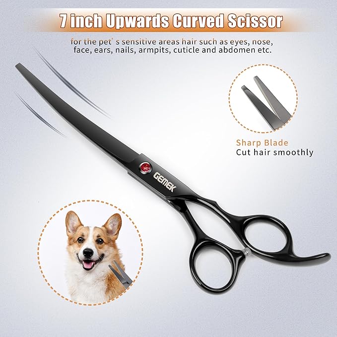 7.0in Titanium Professional Dog Grooming Scissors Set, GEMEK 6 in 1 Straight & Thinning & Upwards Curved & Downwards Curved Scissors & Comb for Dogs, Cats and Other Animals (Black)