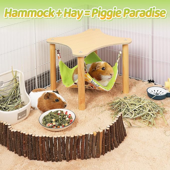 Guinea Pigs Hammock with Natural Wooden Stand - Hanging Hammock Bed for Piggies Chinchilla Hamster Bunny Ferrets Hiding Sleeping