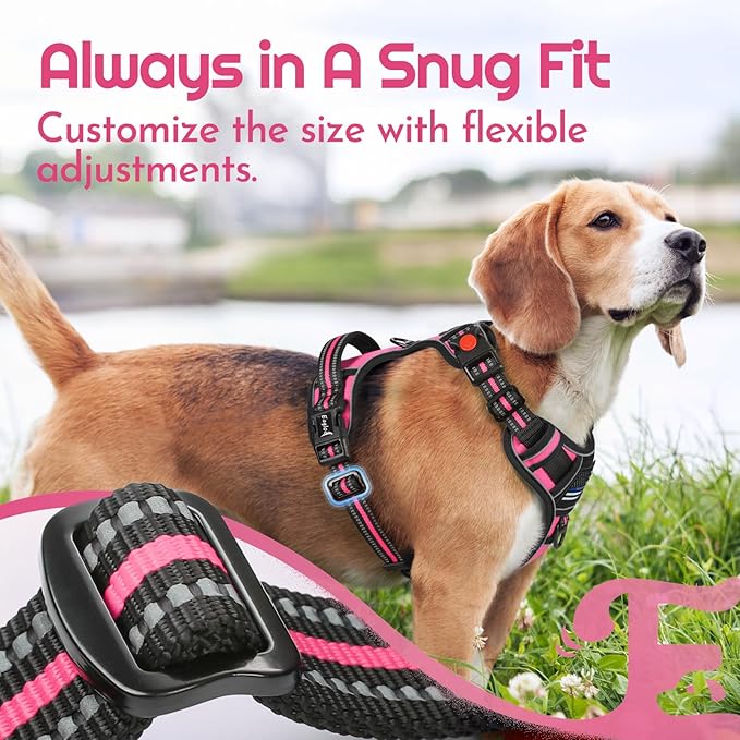 Eagloo Dog Harness for Large Dogs, Easy Wearing with 3 Buckles, Adjustable No Pull Pet Harness with 2 Rings for Walking, No Chock Reflective Soft Padded Vest with Control Handle, Pink & Black, XL