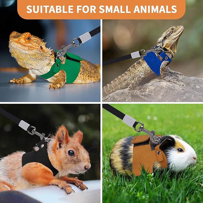 3 Pack Bearded Dragon Leash and Harness Set, Retractable 9.8FT Leash with 3 Sizes Adjustable Soft Harness for Reptile Small Animals Walking, Cute Lizard Vest Clothes for Reptile Lovers -Brown