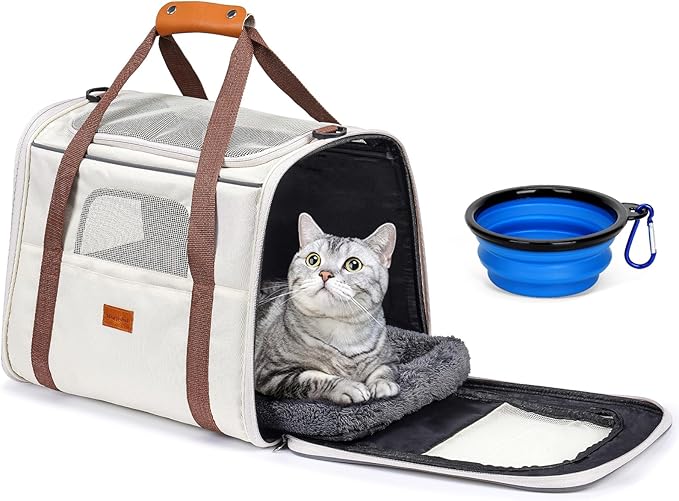 Morpilot Cat Carrier - Soft Sided Cat Carrier Large for Big Medium Cats and Puppy up to 18lbs, Pet Carrier with Safety Zippers, Foldable Bowl, Airline Approved Large Dog Carrier - Beige