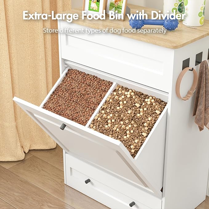 Dog Feeding Station with Storage Cabinet, Hidden Elevated Bowls for Medium & Large Dogs, Dog Food Cabinet Organizer with Hooks for Pet Supplies, Slow Feeder & Stainless Steel Bowls (White)