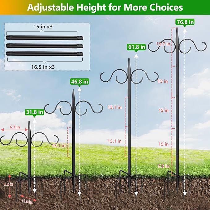 Outdoor Shepherds Hook for Bird Feeder, Double 76in Heavy Duty Shepherd Hooks, Adjustable String Lights Poles for Hanging Garden Plants, Humming Bird Feeder (2 Pack)