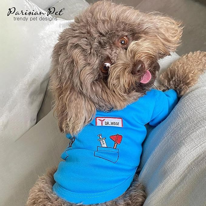 Parisian Pet Doctor Woof Dog Shirt - Embroidered Pirate Costume - 100% Cotton & Polyester - Blue Funny Dog Shirts - Pet Costume - 2XL