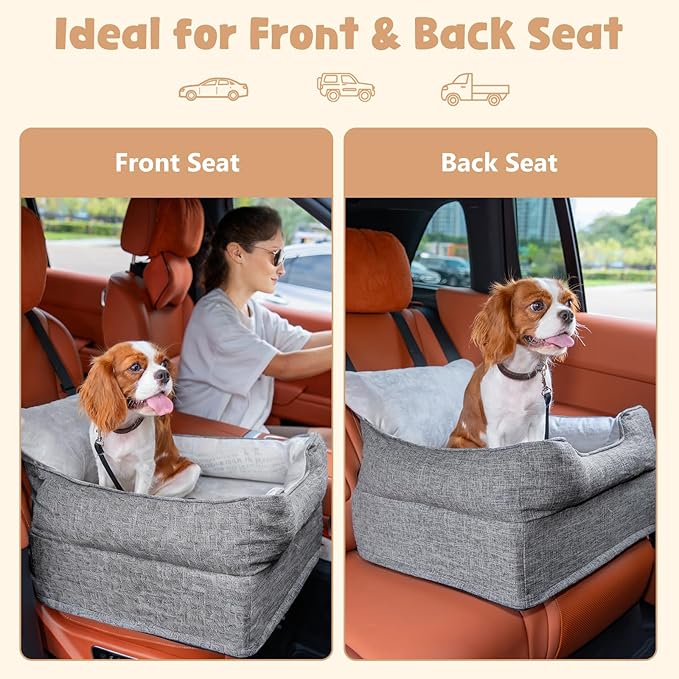 Avont Dog Booster Car Seat for Small/Medium Dogs Under 30 lbs, Detachable Washable Puppy Doggie Elevated Carseat Travel Bed for Car, Thick Cushion -Grey