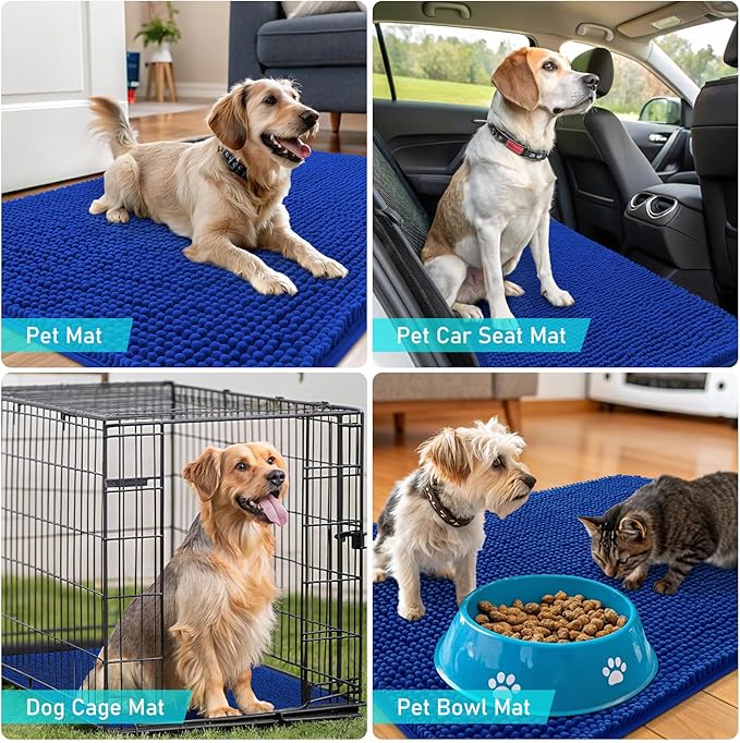 OLANLY Dog Door Mat for Muddy Paws 36x24, Absorbs Moisture and Dirt, Absorbent Non-Slip Washable Doormat, Quick Dry Chenille Mud Mat for Dogs, Entry Indoor Entryway Carpet for Inside Floor, Royal Blue