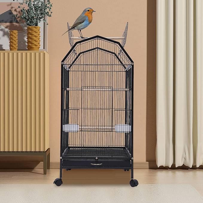 Large Bird Cage, Movable Pet Bird Flight Cages with 5 Doors, Panorama Bird Aviary Indoor with Stand 17.9x17.9x39.9, Fit for a Canary, Finch, Cockatiels, Conures, Parrot, Lovebirds
