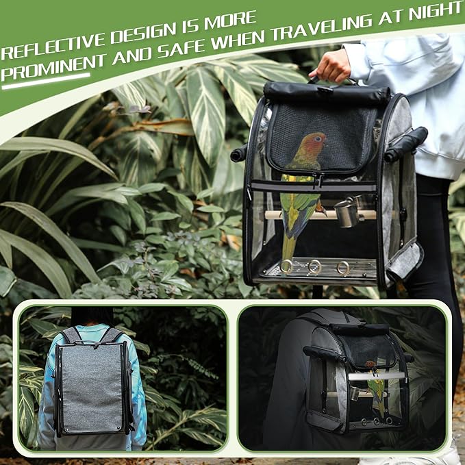 Sanmoncare Bird Carrier Backpack with Stainless Steel Mesh, Parrot Travel Cage with Stand, Easy to Clean, Portable Conures Travel Bag, Pet Breathable Travel Cage