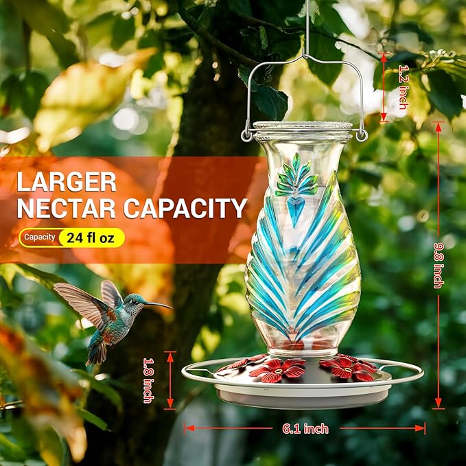 Hummingbird Feeder for Outdoors, 24oz Glass Nectar Feeder with Perch & 5 Flower Feeding Ports, Leakproof Hanging Bird Feeder for Garden Yard Decor, Outside Gifts for Women & Mom, Sky Blue