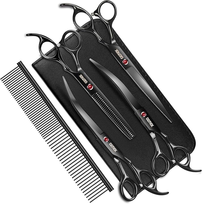 7.0in Titanium Professional Dog Grooming Scissors Set, GEMEK 6 in 1 Straight & Thinning & Upwards Curved & Downwards Curved Scissors & Comb for Dogs, Cats and Other Animals (Black)