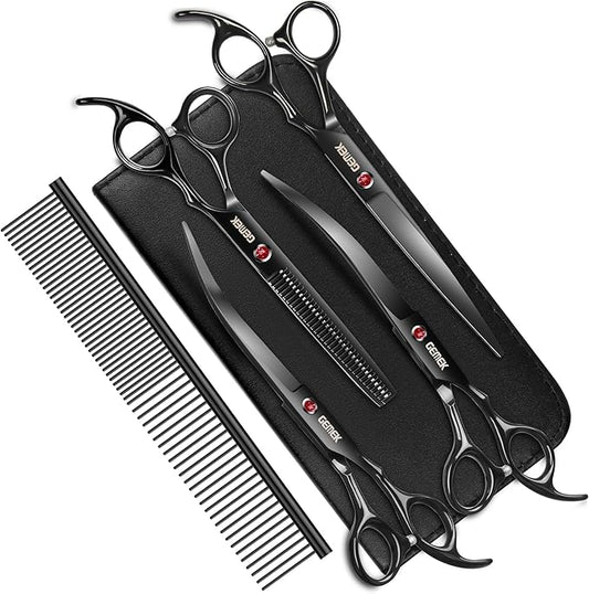 7.0in Titanium Professional Dog Grooming Scissors Set, GEMEK 6 in 1 Straight & Thinning & Upwards Curved & Downwards Curved Scissors & Comb for Dogs, Cats and Other Animals (Black)