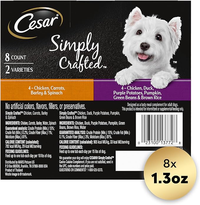 Cesar Simply Crafted Adult Wet Dog Food Meal Topper, Chicken, Duck, Purple Potatoes, Pumpkin, Green Beans & Brown Rice and Chicken, Carrots, Barley & Spinach Multipack, 1.3oz (8 Count, Pack of 1)