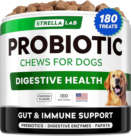 STRELLALAB Dog Probiotics Chews for Digestive Health & Gut Support with Yeast and Enzymes - Anti Gas, Diarrhea and Upset Stomach Immune Supplement - Digestion Treats with Fiber (180Ct, Chicken)