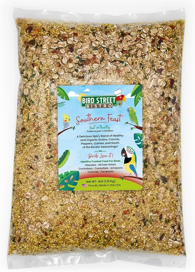 Parrot Parakeet Cockatiel Food - Bird Food - Cooks in 3-15 min with Natural & Organic Grains - Legumes - Non-GMO Fruits, Vegetables, & Health Orientated Spices (4.00 Pound (Pack of 1), Southern Feast)