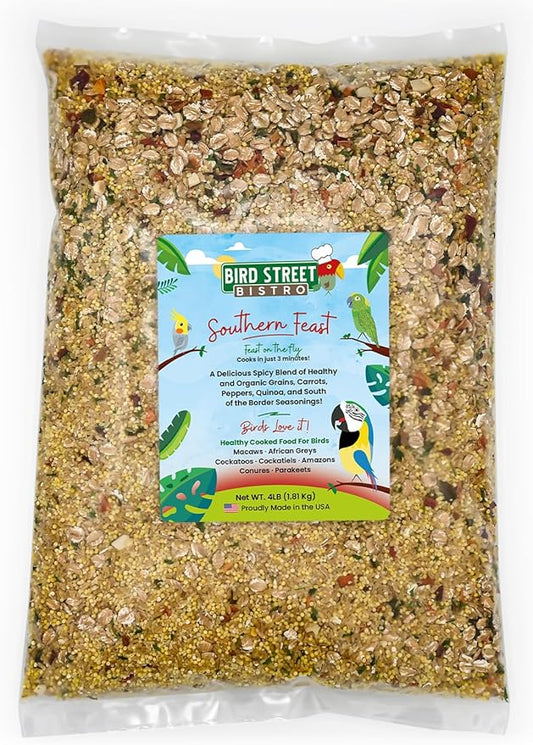 Parrot Parakeet Cockatiel Food - Bird Food - Cooks in 3-15 min with Natural & Organic Grains - Legumes - Non-GMO Fruits, Vegetables, & Health Orientated Spices (4.00 Pound (Pack of 1), Southern Feast)