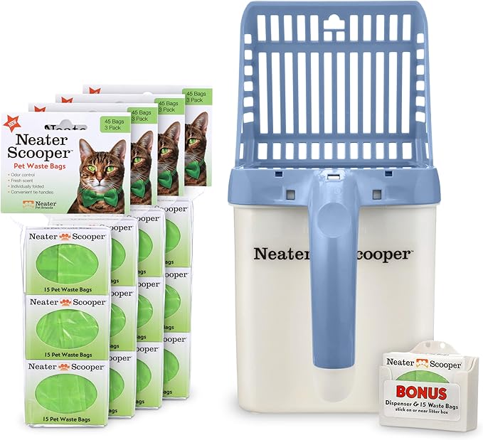 Neater Pet Brands Neater Scooper Standard Cat Litter Scoop, 195 Refill Bags – Mess-Free Cat Litter Scooper with Bag, Spill-Proof Kitty Box Sifter, Bin Doubles as Scoop Holder, For Single-Cat Household