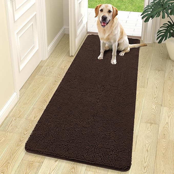 OLANLY Dog Door Mat for Muddy Paws 70x24, Absorbs Moisture and Dirt, Absorbent Non-Slip Washable Doormat, Quick Dry Chenille Mud Mat for Dogs, Entry Indoor Entryway Carpet for Inside Floor, Brown