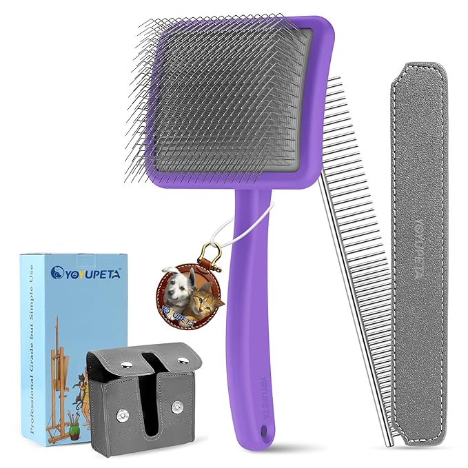 Large Dog Slicker Brush & Comb Set with Leather Sleeves - Long Pin Deshedding Brush for Golden Retrievers, Poodles, Doodles & Thick Coats, Wood Handle Pet Grooming Kit for Dogs, Cats. Purple