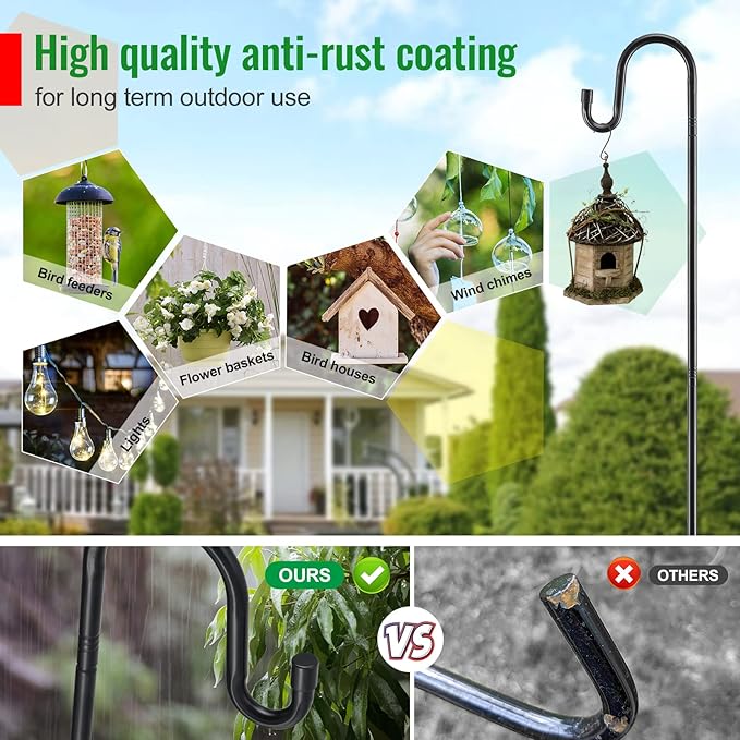 Hummingbird Feeder Pole - 62" Heavy Duty Bird Feeders Stand with Adjustable Anti-Tip Stake, Rustproof Shepards Hook with Hanger for Wind Chimes, Lanterns, Wreaths, Birdfeeders - Black